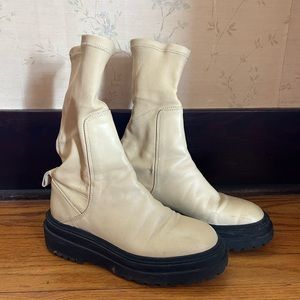 Zara White Leather Lug Sole Boots